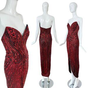 bob mackie vintage red embellished evening dress gown slit
